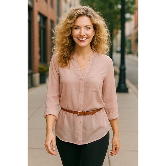 Trouve M Pink Sheer Silk Button Down Long Sleeve Blouse Minimalist Chic Workwear - Picture 1 of 9